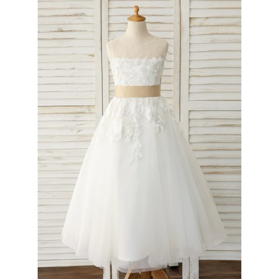 A-line Scoop Ankle-Length Lace/Tulle Flower Girl Dress