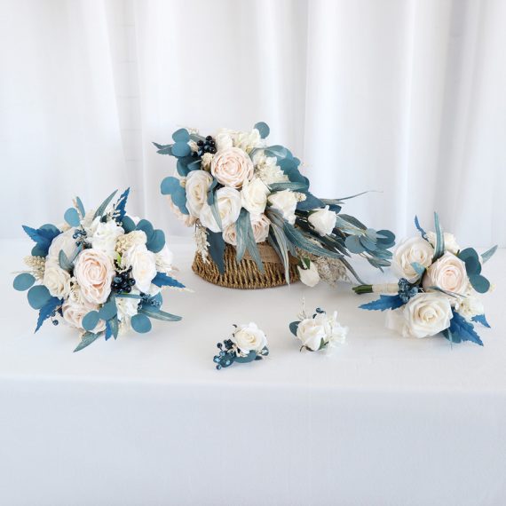 Romantic Round/Cascade Silk Flower Wedding Bouquet sets (set of 5) - Wrist Corsage/Boutonniere/Bridal Bouquets/Flower Girl Bouquet/Bridesmaid Bouquets