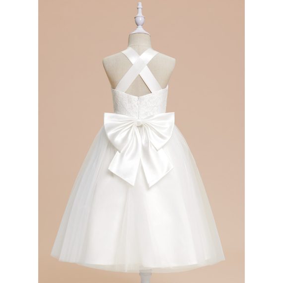 A-line Scoop Tea-Length Lace/Tulle Flower Girl Dress