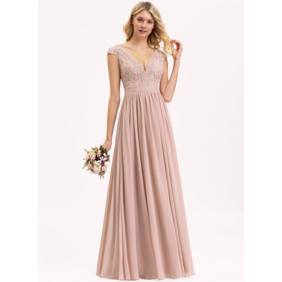 A-Line V-neck Floor-Length Chiffon Lace Bridesmaid Dress