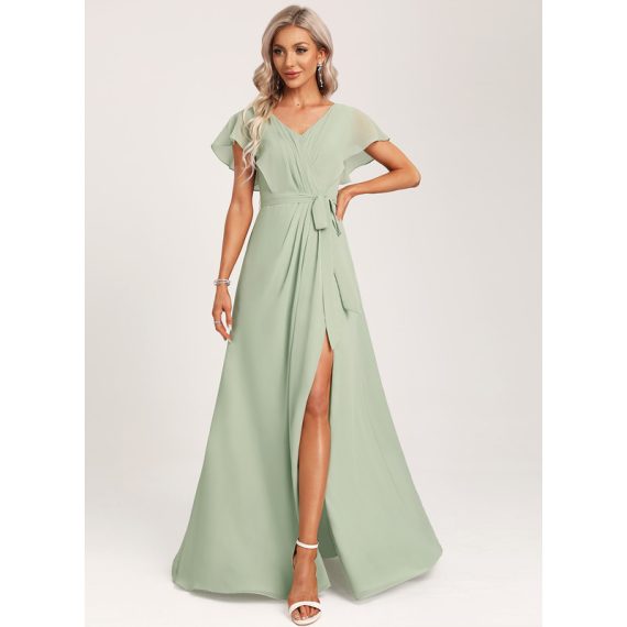 A-Line V-neck Floor-Length Chiffon Bridesmaid Dress With Ruffle