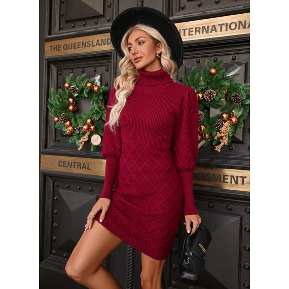 High Neck Long Sleeves Elegant Bodycon Cotton Blends Mini Dresses