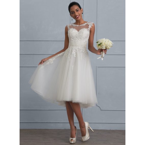 A-Line Illusion Asymmetrical Tulle Lace Wedding Dress With Ruffle