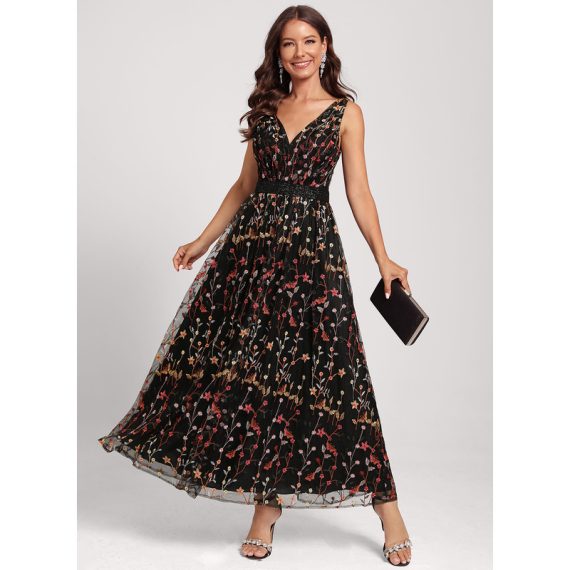 A-Line V-neck Ankle-Length Lace Cocktail Dress With Beading Flower(s)
