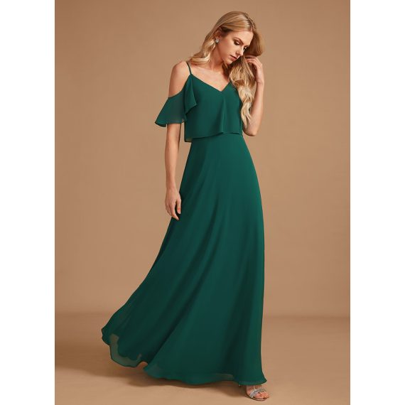 A-Line V-neck Floor-Length Chiffon Bridesmaid Dress With Ruffle