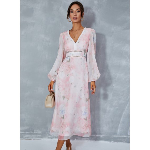 V-Neck Long Sleeves Elegant A-line Chiffon Midi Dresses