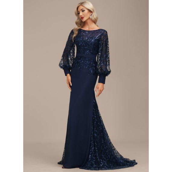 Trumpet/Mermaid Scoop Illusion Sweep Train Chiffon Lace Evening Dress With Sequins