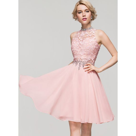 A-Line High Neck Knee-Length Chiffon Lace Cocktail Dress With Beading Sequins