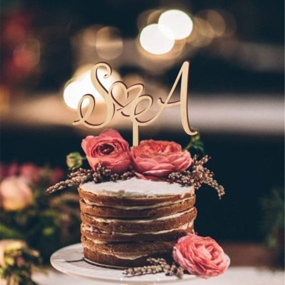 Personalized Double Hearts/Simple Wooden Cake Topper