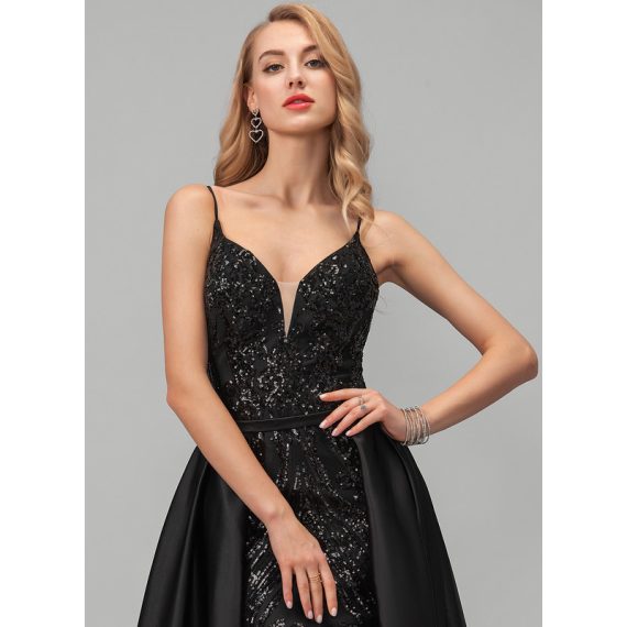Sheath/Column V-neck Floor-Length Satin Sequined Prom Dresses