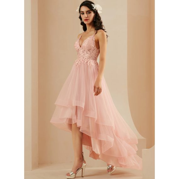 Ball-Gown/Princess V-Neck Asymmetrical Lace Tulle Prom Dresses