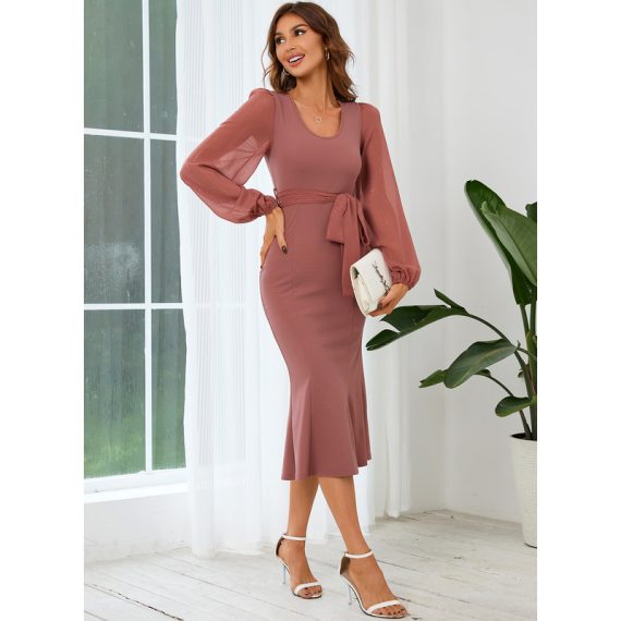 Sash Mermaid U-Neck Long Sleeves Elegant Bodycon Cotton Blends Midi Dresses