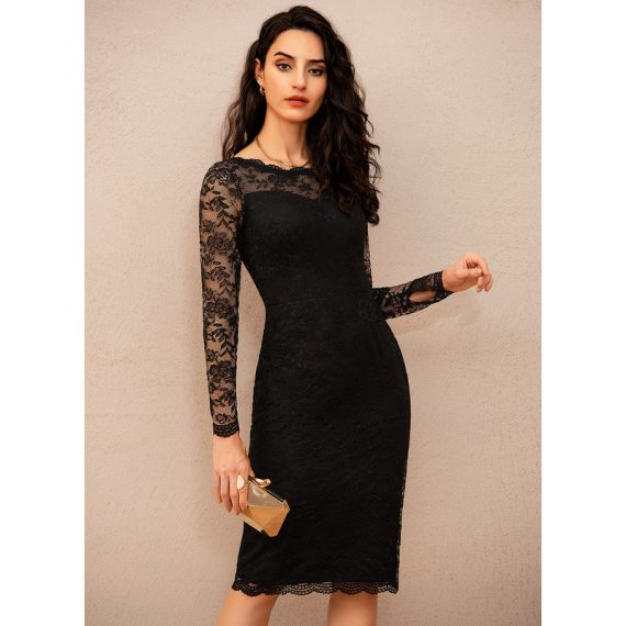 Round Neck Long Sleeves Bodycon Lace Midi Dresses