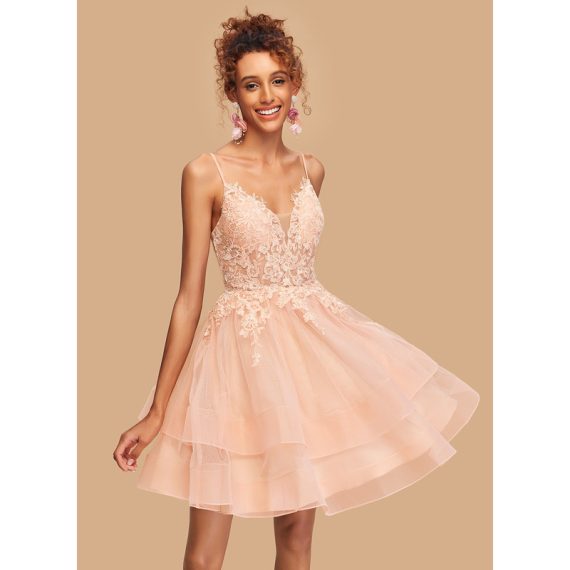 A-line V-Neck Short/Mini Lace Tulle Homecoming Dress