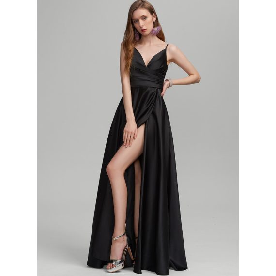 A-Line V-neck Floor-Length Satin Prom Dresses With Ruffle