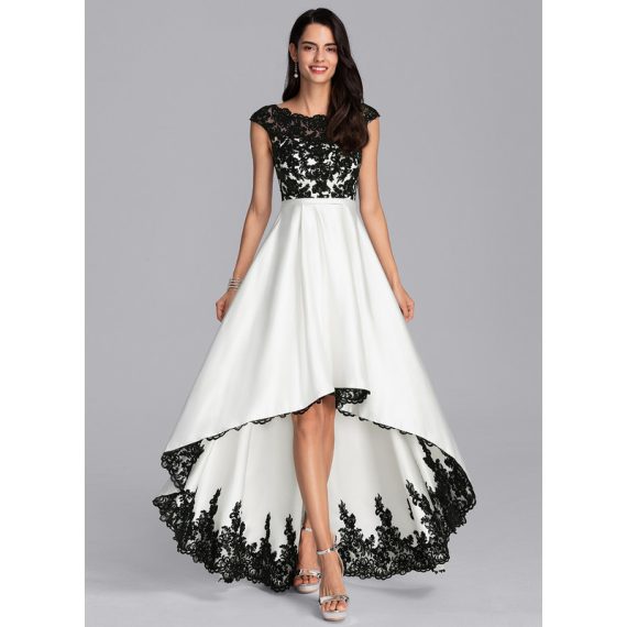 A-Line Scoop Illusion Asymmetrical Satin Lace Prom Dresses