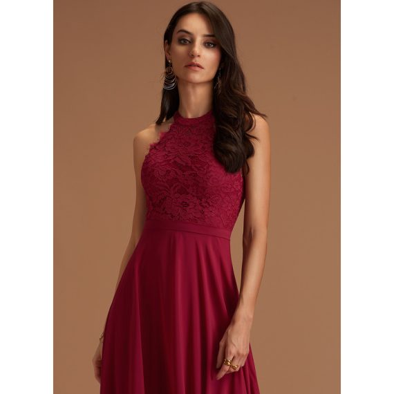A-Line Scoop Floor-Length Chiffon Lace Bridesmaid Dress