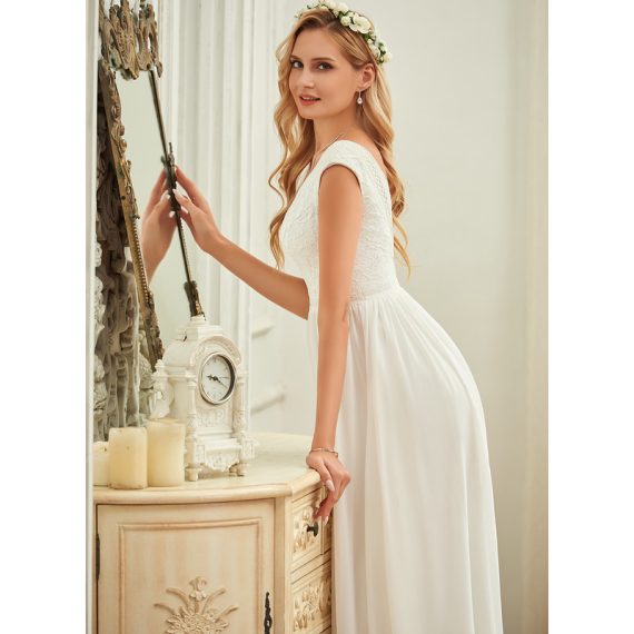 A-Line V-neck Floor-Length Chiffon Lace Wedding Dress