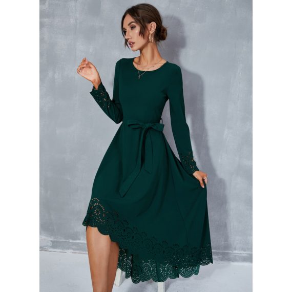Lace Round Neck Long Sleeves Elegant A-line Spandex Midi Dresses