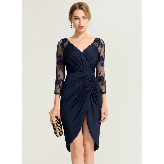 Sheath/Column V-neck Asymmetrical Lace Jersey Cocktail Dress With Ruffle