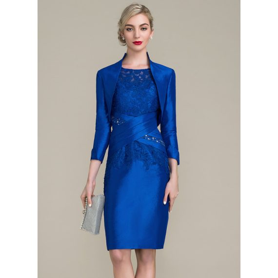 Sheath/Column Scoop Knee-length Lace Taffeta Mother of the Bride Dress With Beading Ruffle Sequins