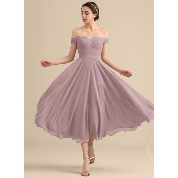 A-Line Off-the-Shoulder Tea-Length Chiffon Lace Cocktail Dress With Beading