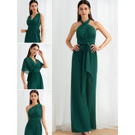 Jumpsuit/Pantsuit One-Shoulder Halter V-neck High Neck Floor-Length Chiffon Bridesmaid Dress With Ruffle