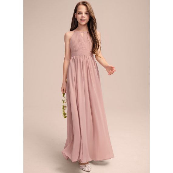 A-Line Halter Floor-Length Chiffon Junior Bridesmaid Dress With Bow(s) Pleated