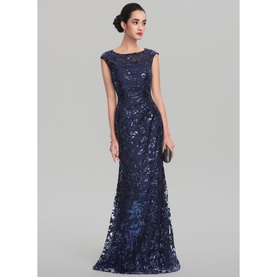 Sheath/Column Scoop Floor-Length Sequined Evening Dress With Pleated