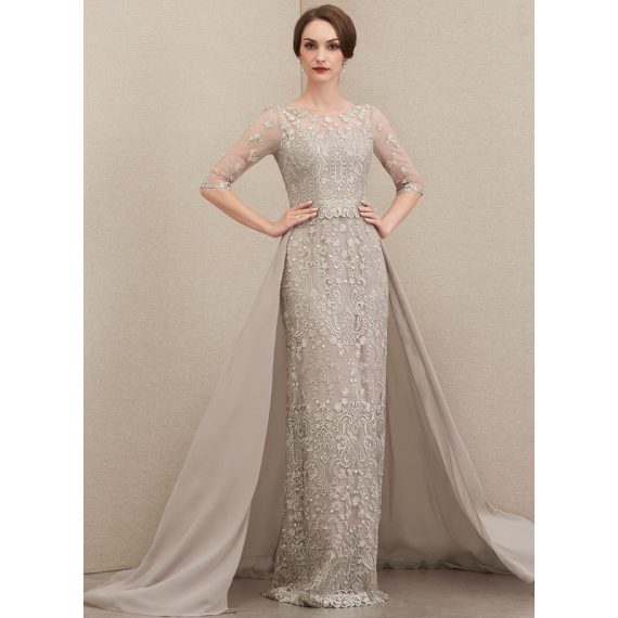 Sheath/Column Scoop Illusion Floor-Length Detachable Chiffon Lace Mother of the Bride Dress