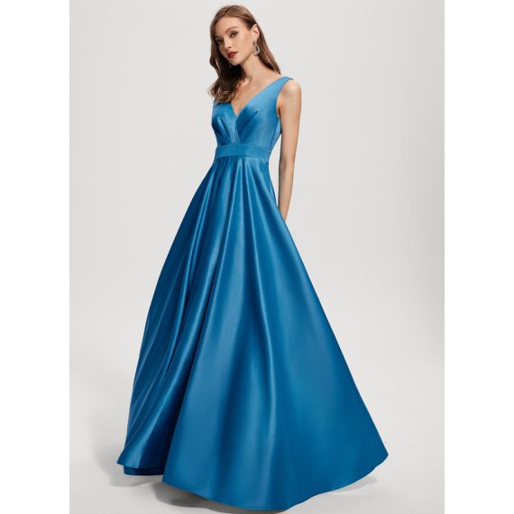 A-Line V-neck Floor-Length Satin Evening Dress With Pleated