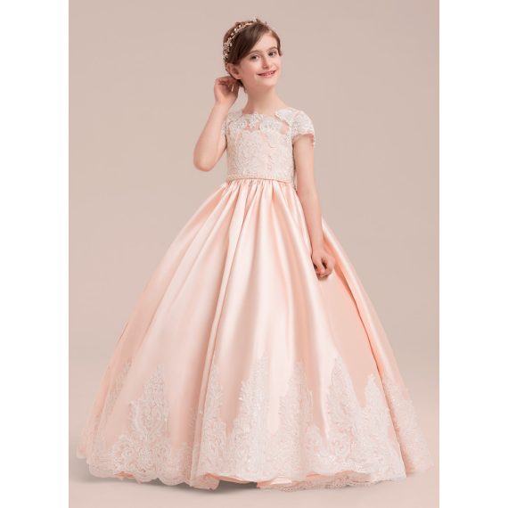 Ball-Gown/Princess Scoop Floor-Length Lace/Satin/Tulle Flower Girl Dress