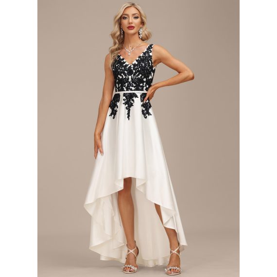 A-Line V-neck Asymmetrical Satin Lace Evening Dress