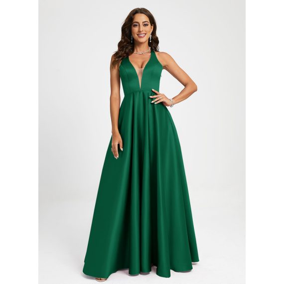 A-Line V-neck Floor-Length Satin Prom Dresses