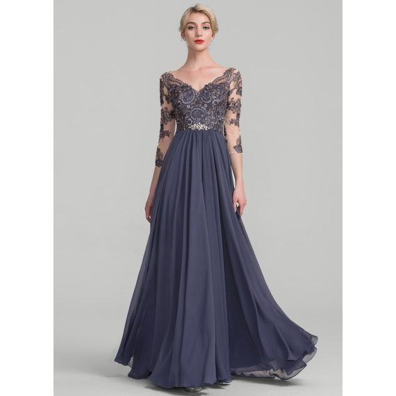 A-Line V-neck Floor-Length Chiffon Lace Evening Dress With Beading