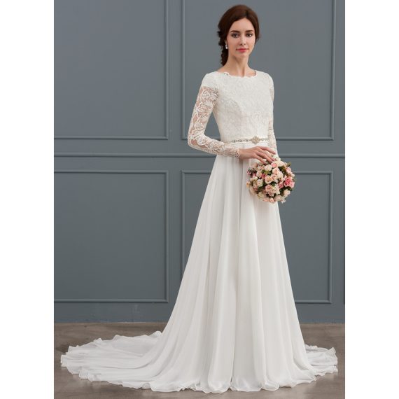 A-line Court Train Chiffon Lace Wedding Dress With Beading