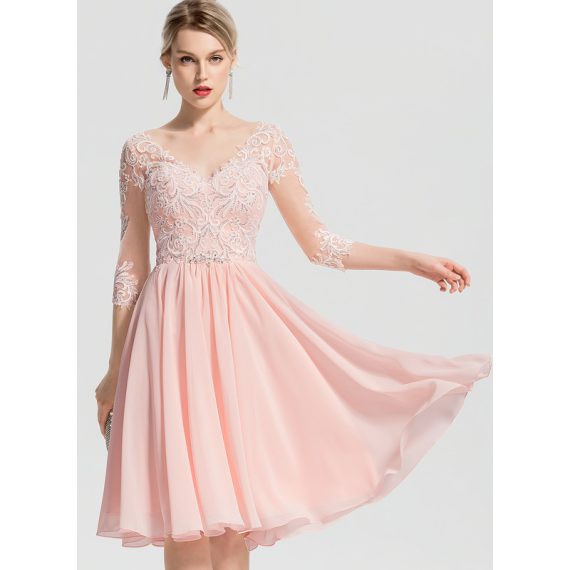 A-Line V-neck Knee-Length Chiffon Lace Wedding Dress With Beading