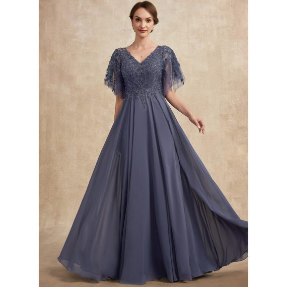 A-line V-Neck Floor-Length Chiffon Lace Evening Dress With Beading Sequins
