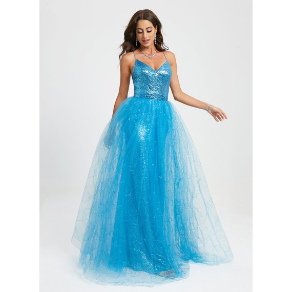 Ball-Gown/Princess V-neck Floor-Length Tulle Sequined Prom Dresses With Sequins
