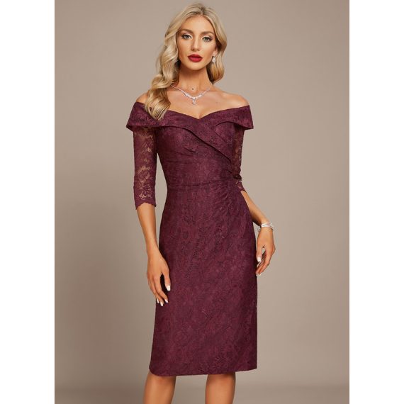 Sheath/Column Off-the-Shoulder Knee-Length Lace Evening Dress With Pleated