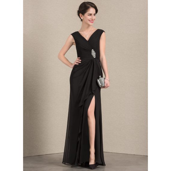 A-Line V-neck Floor-Length Chiffon Mother of the Bride Dress With Crystal Brooch Cascading Ruffles