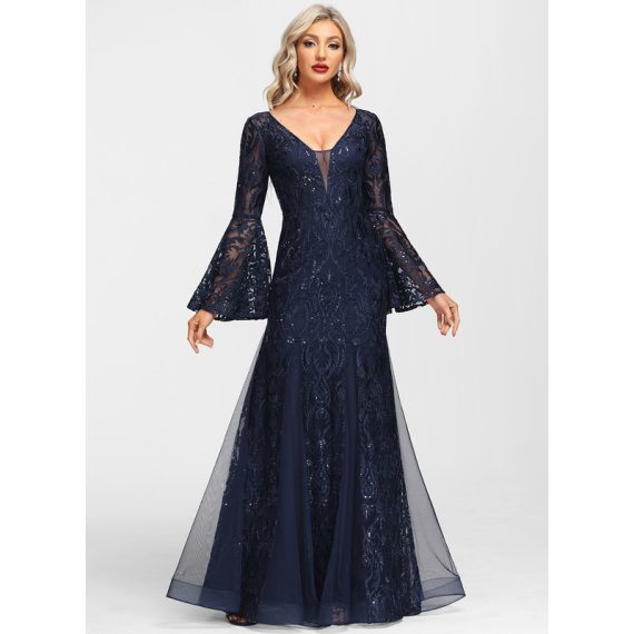 Trumpet/Mermaid V-neck Floor-Length Tulle Lace Evening Dress With Sequins