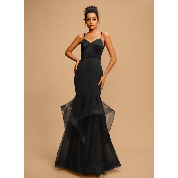 Trumpet/Mermaid V-Neck Floor-length Satin Tulle Prom Dresses