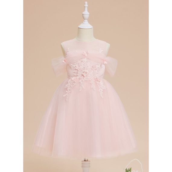 A-line Cold Shoulder/Scoop Knee-Length Lace/Tulle Flower Girl Dress