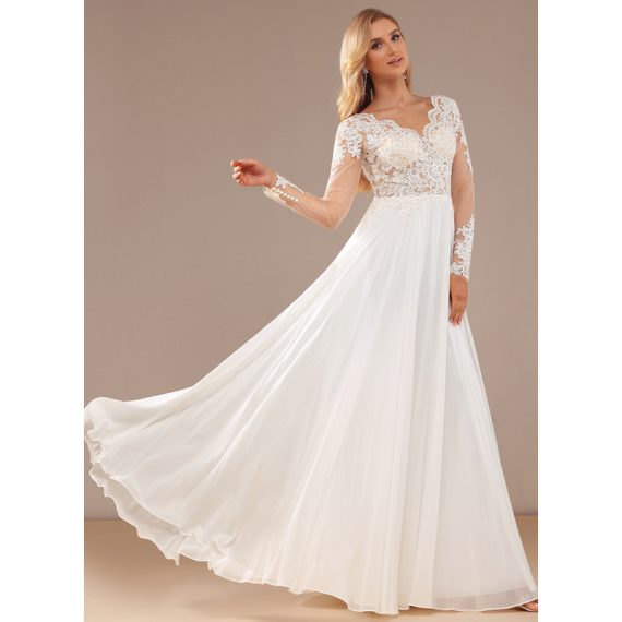 A-line V-Neck Floor-Length Chiffon Lace Wedding Dress With Sequins