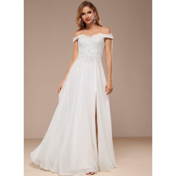 A-Line Off-the-Shoulder Floor-Length Chiffon Lace Wedding Dress With Sequins