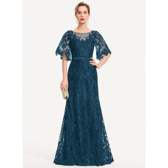 Sheath/Column Scoop Illusion Floor-Length Lace Evening Dress