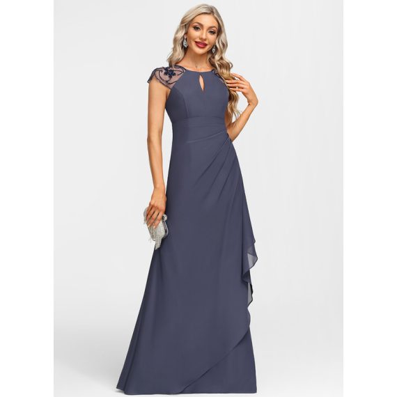 A-Line Scoop Floor-Length Chiffon Evening Dress With Beading Sequins Cascading Ruffles