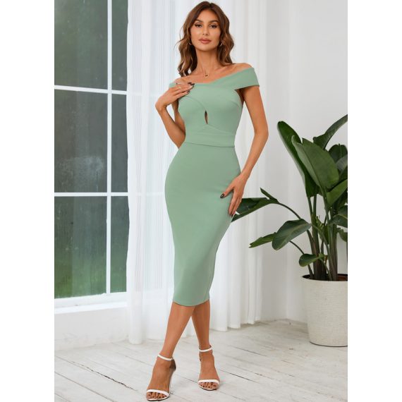 Off the Shoulder Short Sleeves Sexy Bodycon Cotton Blends Midi Dresses