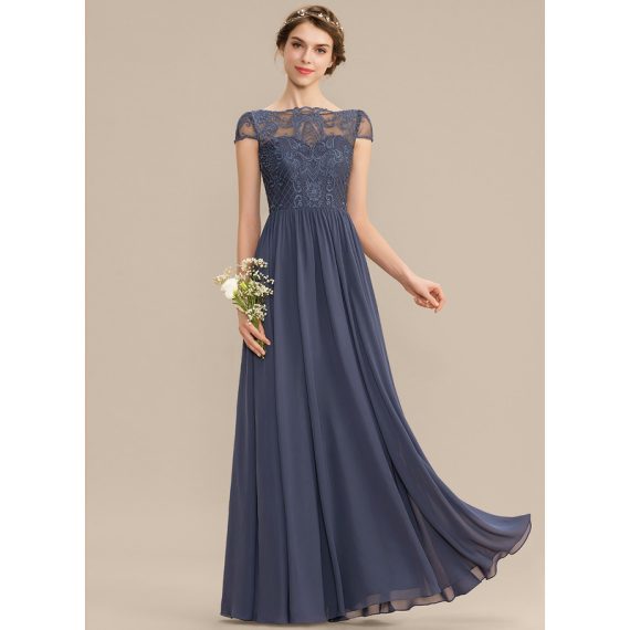 A-Line Scoop Neck Floor-Length Chiffon Lace Bridesmaid Dress